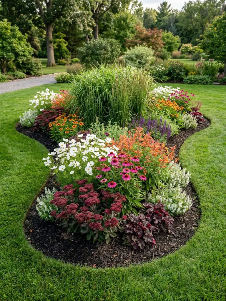 A vibrant layered island flower bed set in a lush lawn, designed with a colorful seasonal planting approach in a Warm Minimalist layout.