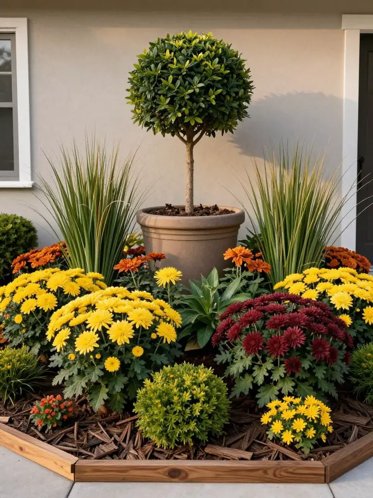 A structured foundation flower bed designed with vertical layering in a modern rustic aesthetic.
