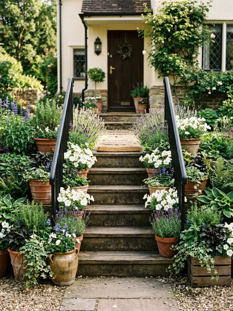 A compact flower bed flanking a set of front entry steps, designed in a lush layered cottage-meets-classic style.