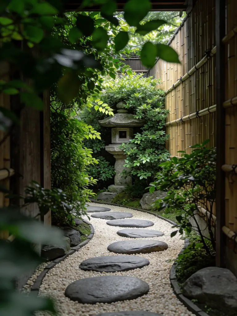 A narrow Japanese garden passage designed in a layered, immersive style with a winding stepping stone path leading through lush greenery.