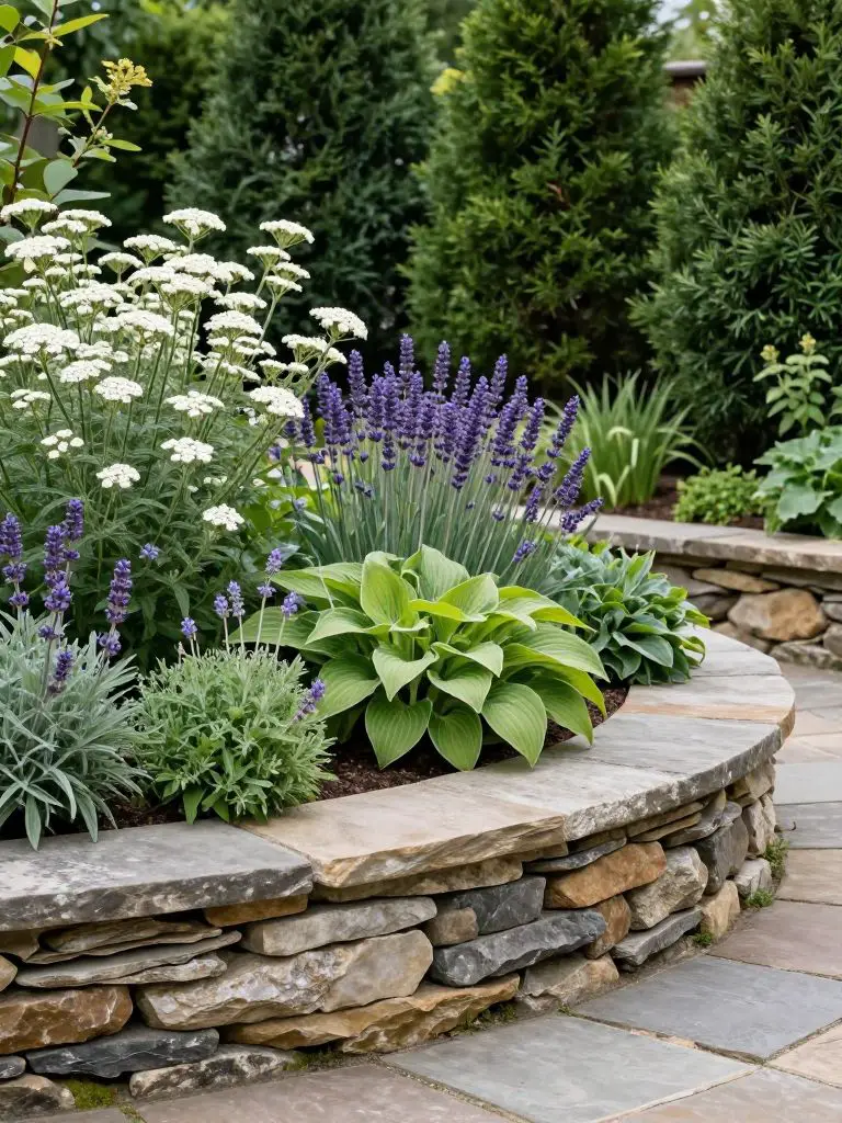 A lush garden bed framed with layered natural stone edging in a soft curved formation, designed in a cottage-inspired garden style with subt.