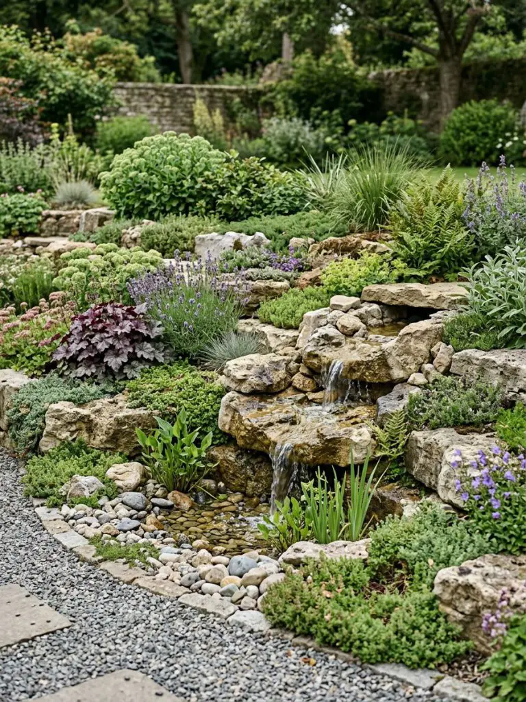 A layered rock border garden with varied stone sizes and dense planting, designed in a natural modern rustic style.