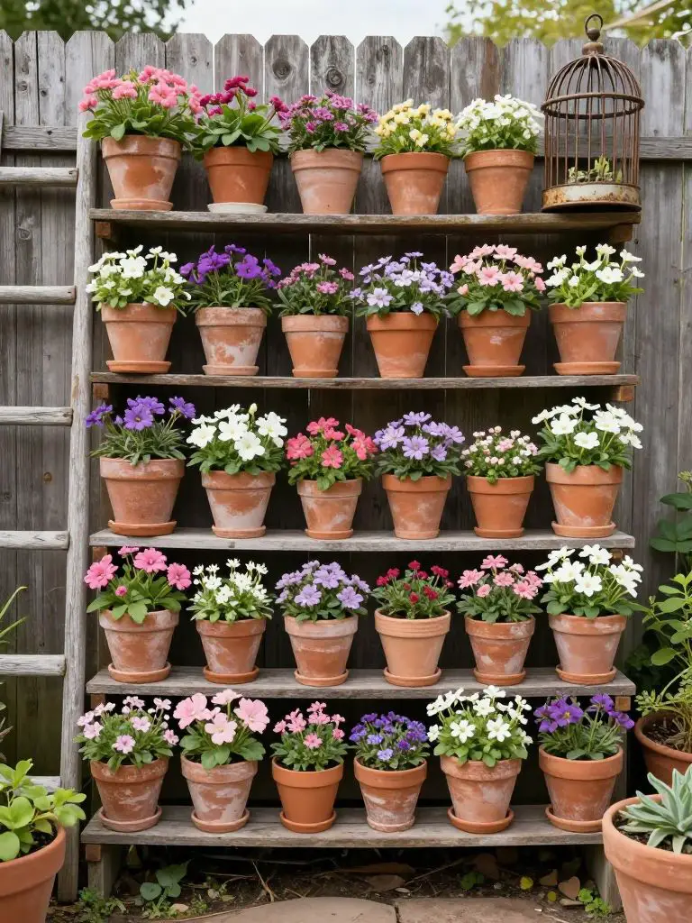 A layered vintage garden wall filled with terracotta pots arranged on wooden shelves attached to a weathered fence.
