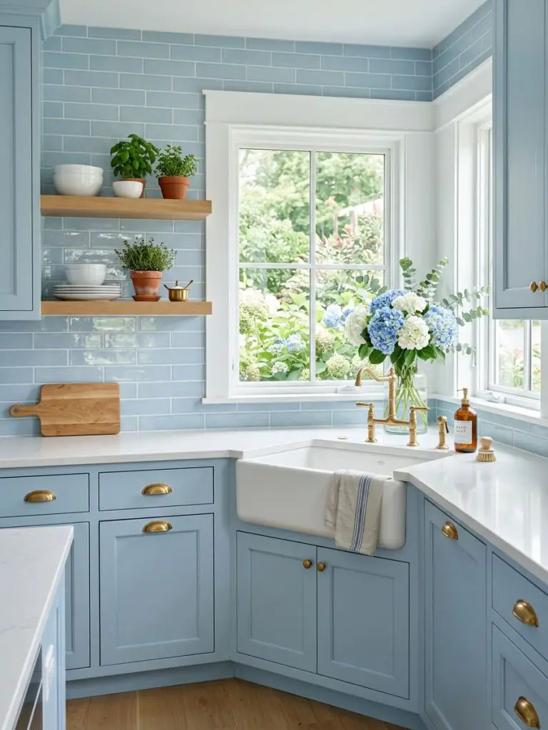 A light and airy farmhouse kitchen with soft blue cabinetry, white countertops, and glossy pale blue subway tile backsplash.