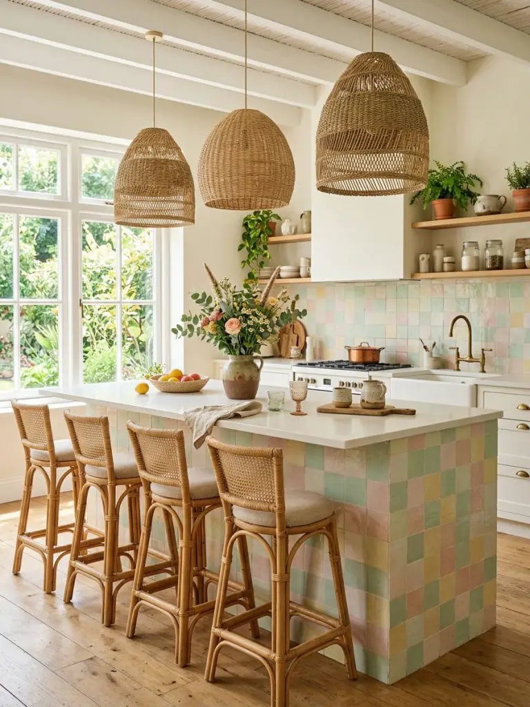 A light-filled boho kitchen featuring a large white island with pastel tile cladding in a Warm Minimalist and coastal boho blend.