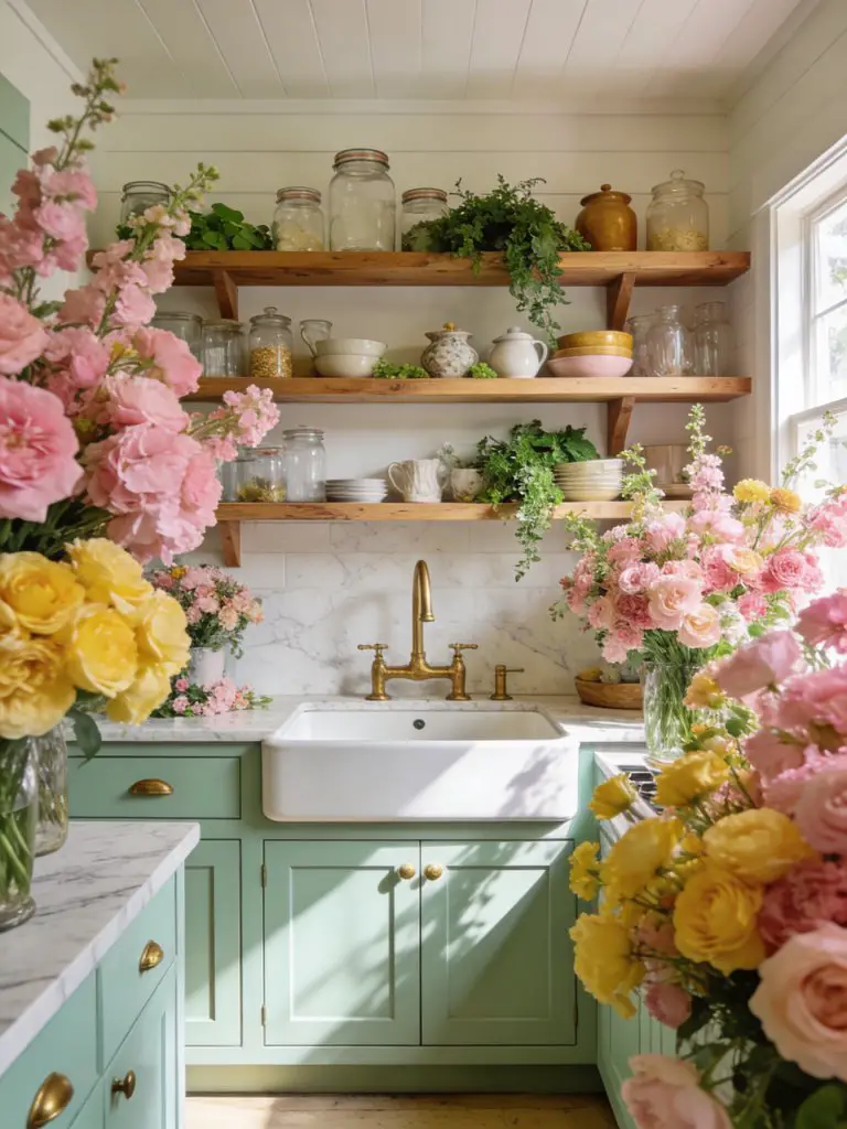 A light-filled colorful cottage kitchen with open shelving and abundant fresh florals.
