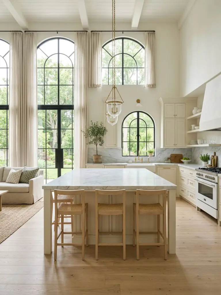 A bright and airy open concept kitchen with a soft transitional style, anchored by dramatic arched windows that flood the space with natural.