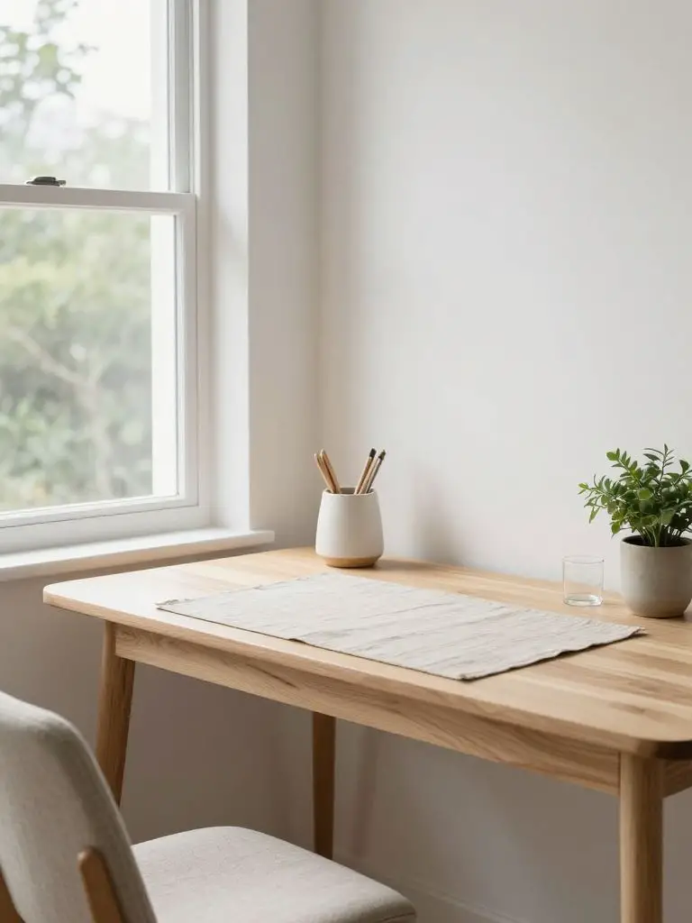 A light-filled home workspace designed with sustainable decor and minimalist principles.