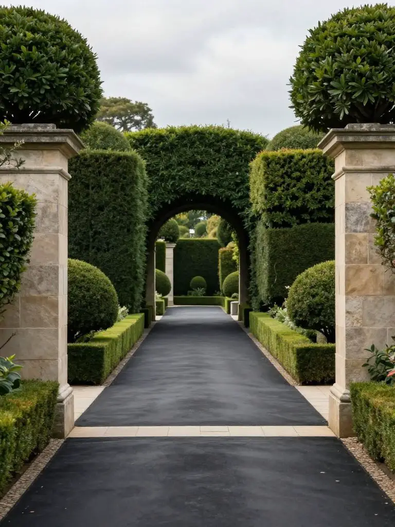 A formal estate-style driveway lined with meticulously shaped topiary shrubs and stone pillars.