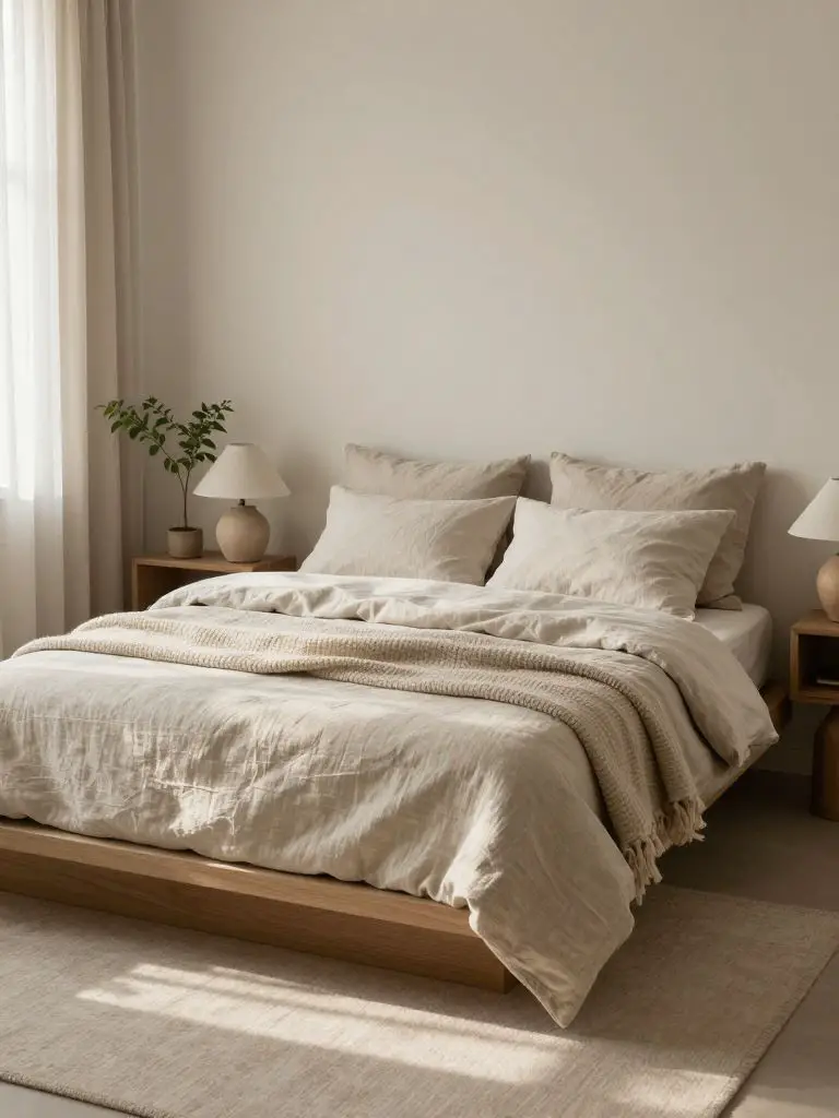 A tranquil bedroom styled in a sustainable Scandinavian and warm minimalist blend, featuring layered linen bedding in soft oat, ivory, and w.