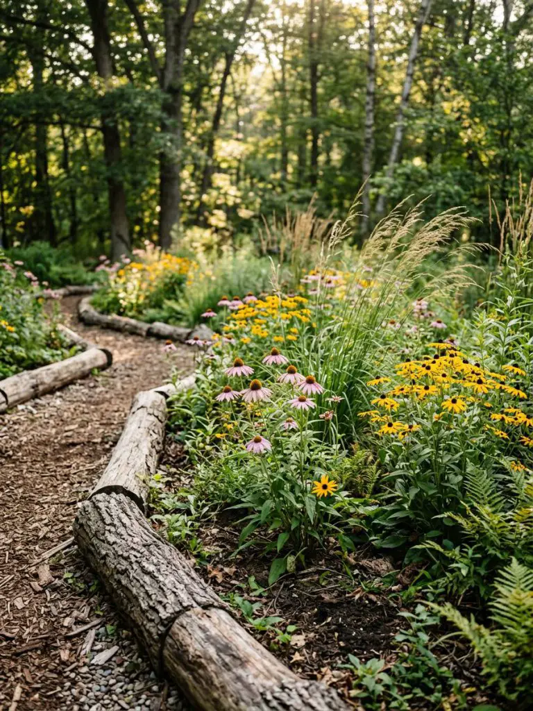 A naturalistic garden with log-style wooden edging bordering a wildflower bed, designed in woodland rustic style.