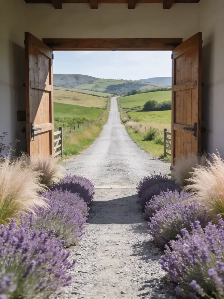 A long rural gravel driveway stretching into the countryside, designed with a natural lavender-lined aesthetic.