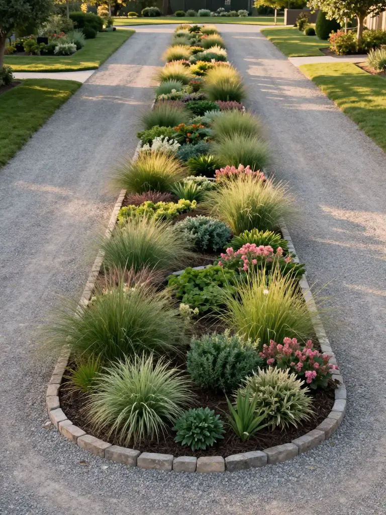 A long linear driveway island designed with structured greenery in a modern rustic landscape style.