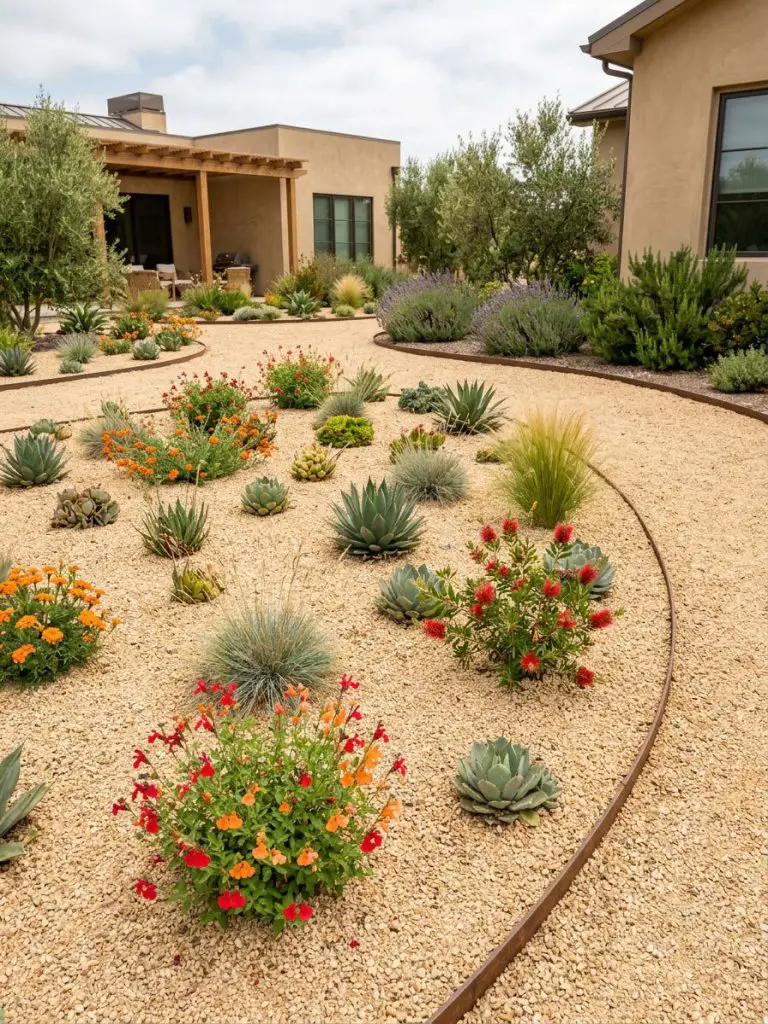A minimalist gravel flower bed designed for low-maintenance landscaping, featuring wide expanses of small stones with sparse, drought-tolera.