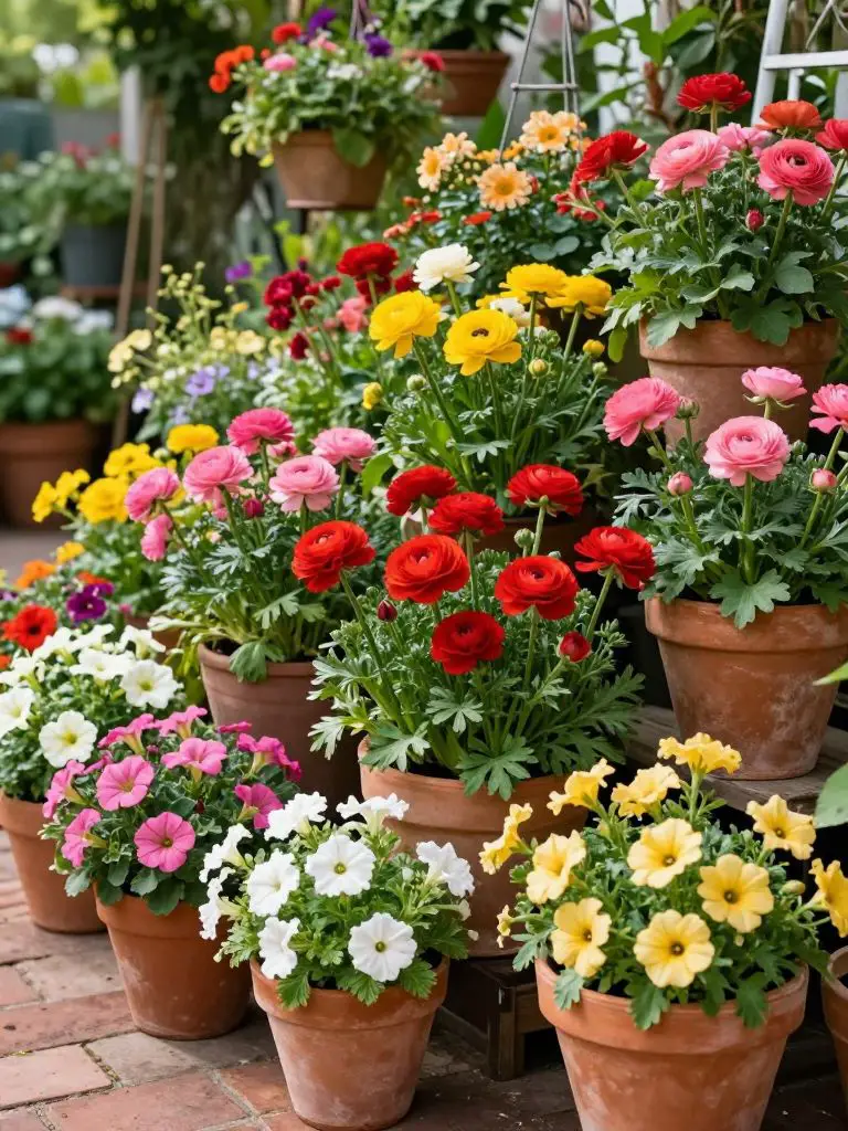 A lush container-based flower bed bursting with vibrant blooms in a warm rustic garden setting.