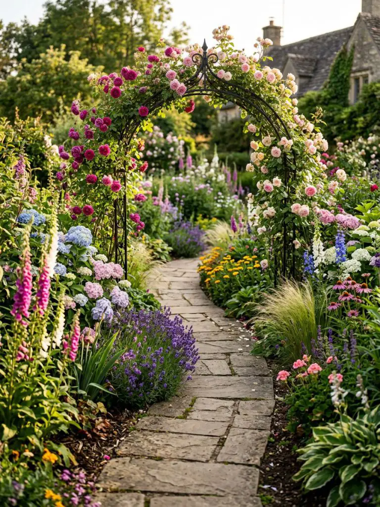 A lush cottage-style flower bed layout forming a curved garden path with an elegant black metal arch covered in blooming roses.