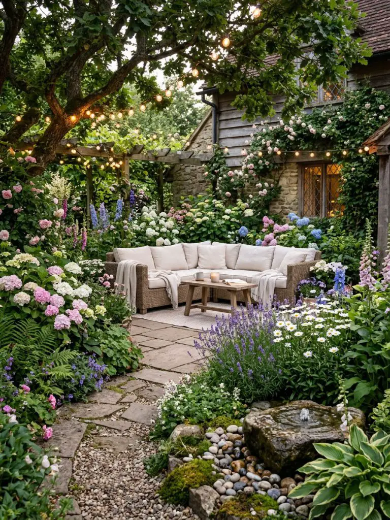 A lush cottage-style corner garden designed with layered planting and cozy outdoor living elements.