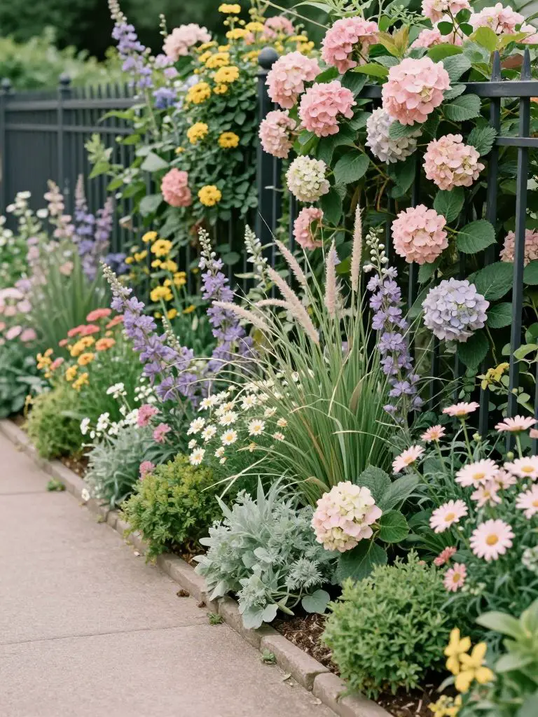 A romantic garden wedding-style fence line featuring a lush cottage-inspired planting bed overflowing with vibrant florals and greenery.