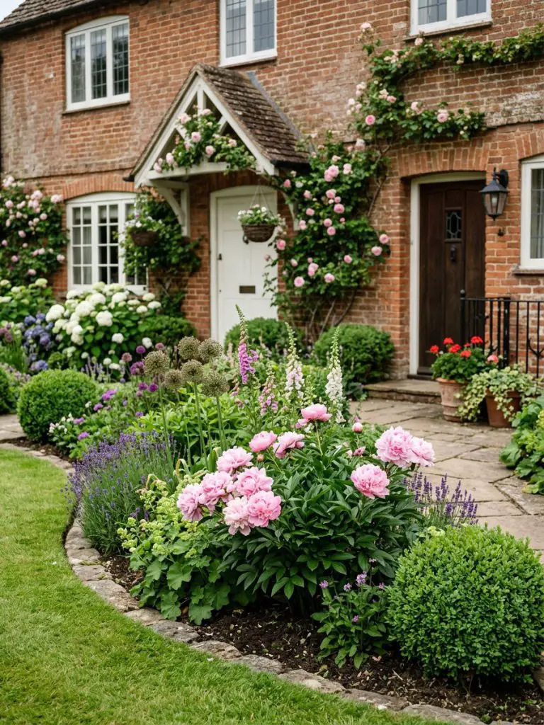 A lush cottage-style backyard flower bed set against a classic brick home, designed in a romantic English garden style with layered planting.