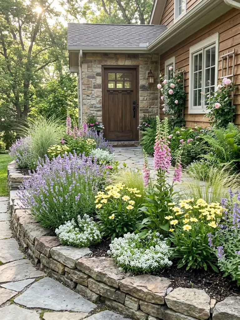 A lush cottage-style front yard flower bed designed in a warm minimalist and modern rustic blend, overflowing with layered blooms and soft t.