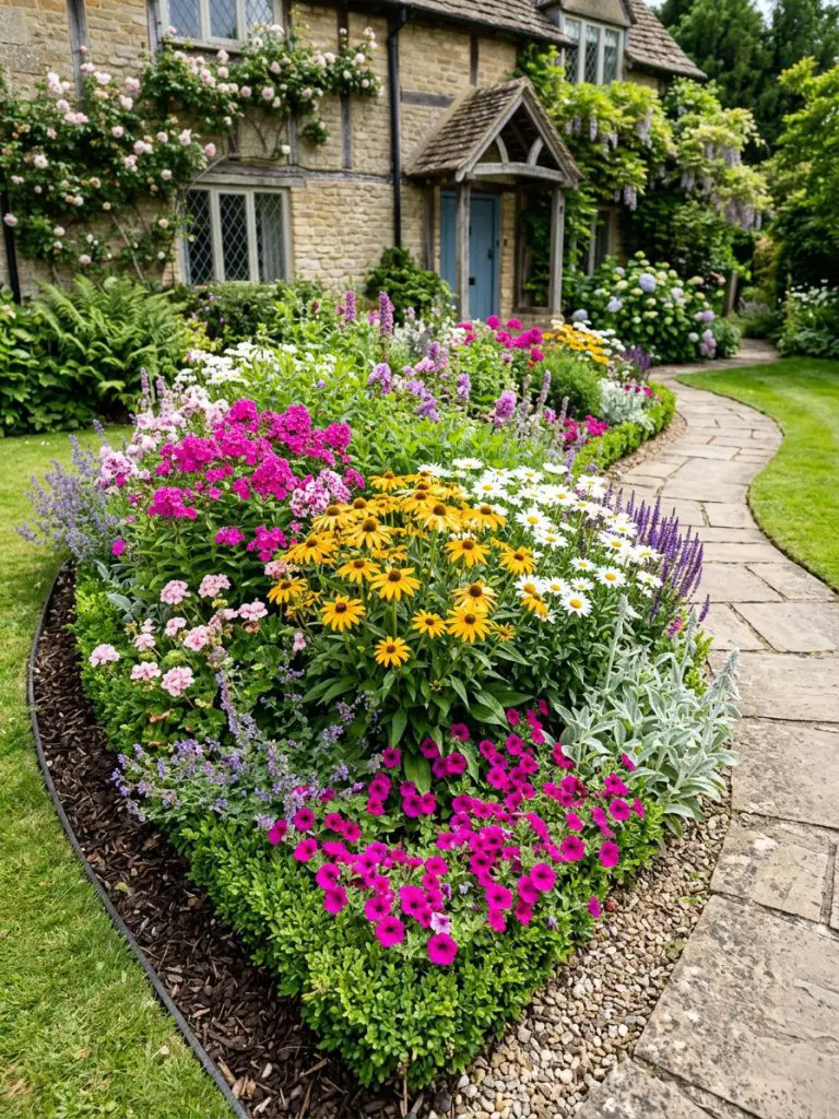 A lush, overflowing island flower bed beside a curved walkway, styled in a romantic cottage garden aesthetic blended with Warm Minimalist st.