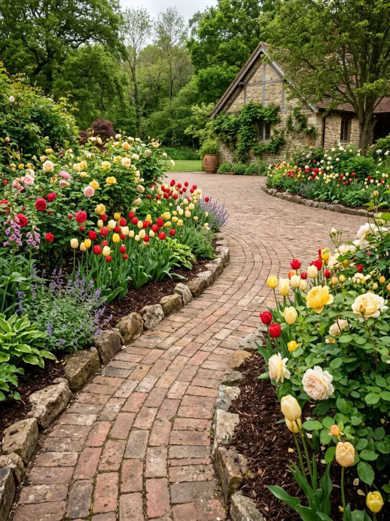 A lush curved driveway flower bed designed in a romantic cottage-meets-modern rustic style, featuring dense plantings of blooming tulips and.