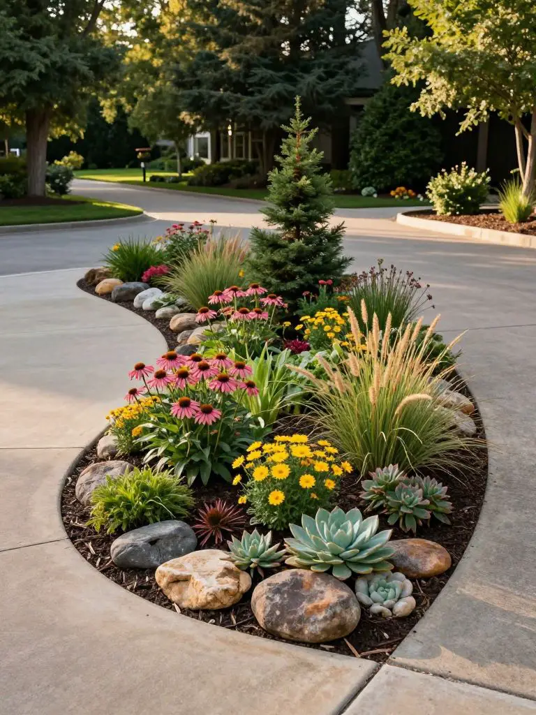 A curved driveway island landscape in a warm naturalistic style, blending modern rustic and cottage garden elements.