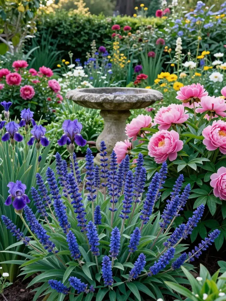 A lush, romantic cottage garden scene in the peak of summer.