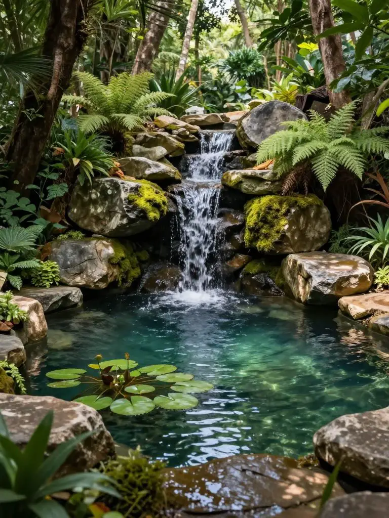 A forest-inspired natural swimming pool backyard nestled within dense greenery, designed in a rustic biophilic style that blends seamlessly.