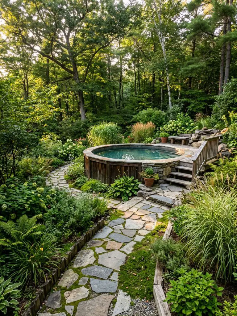 A lush garden above ground pool integrated into a natural landscape with a winding stone pathway leading toward it.
