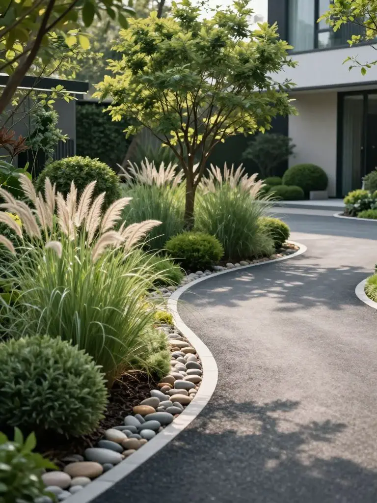 A lush side of driveway landscaping design featuring a gently curving asphalt driveway bordered by dense ornamental grasses, small shrubs, a.