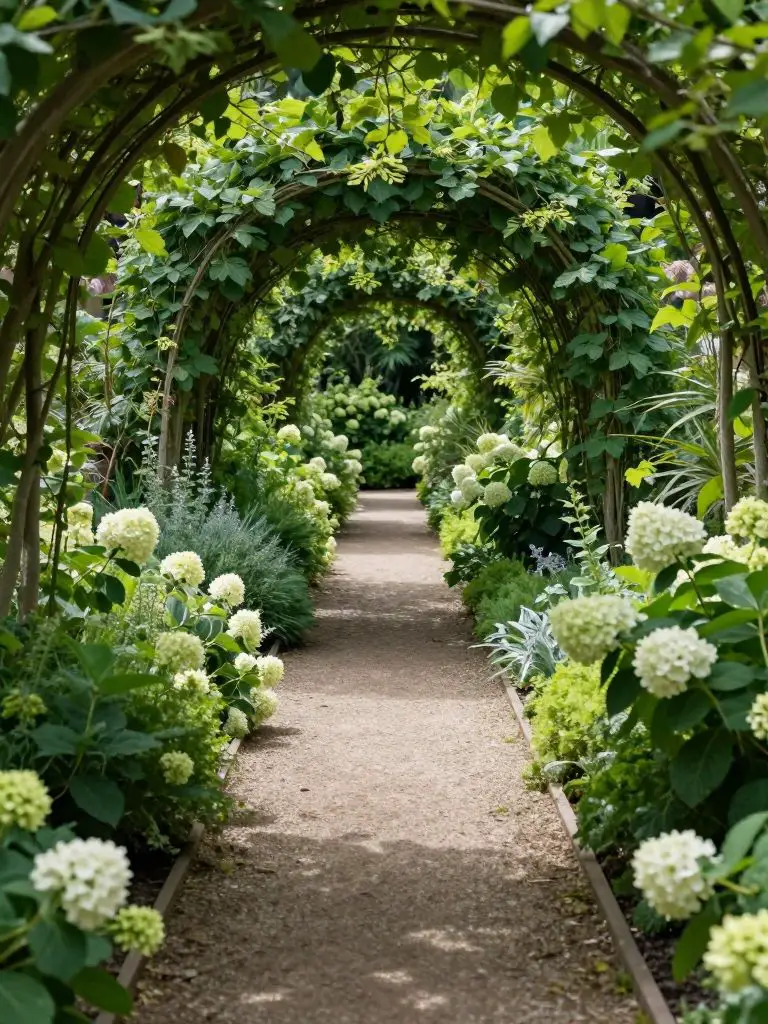 A lush green tunnel garden in a classic English-meets-modern style, featuring a long narrow path shaded by arching trees and bordered by blo.