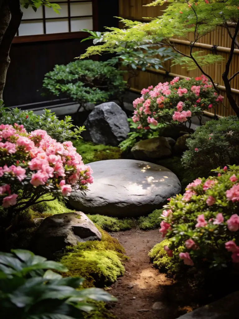 A lush Japanese garden corner filled with blooming shrubs, moss-covered ground, and natural stone accents, designed in a traditional tea gar.
