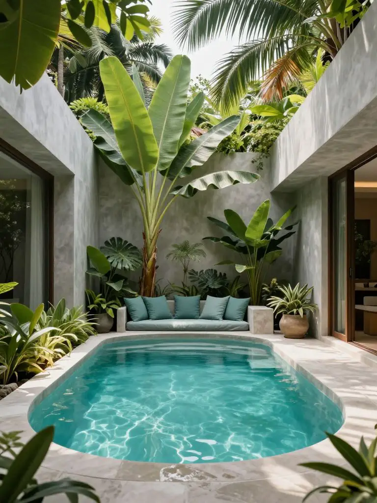 A serene jungle courtyard spa pool enclosed by tropical plants and modern villa architecture, blending warm minimalist and Balinese-inspired.