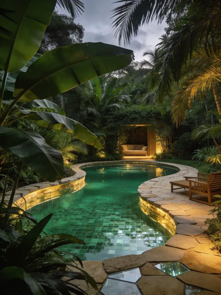 A lush jungle-inspired luxury pool backyard with a winding organic pool design, styled in Tropical Modern with rich landscaping.