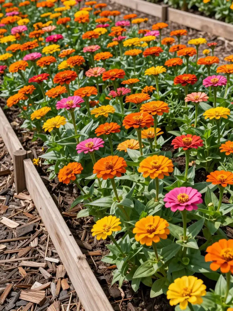 A long, low wooden bed packed densely with multi-colored zinnias and marigolds.