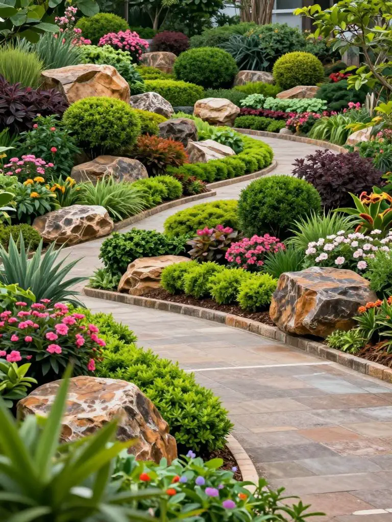 A lush terraced sloped driveway landscaping design filled with colorful shrubs and sculpted greenery.