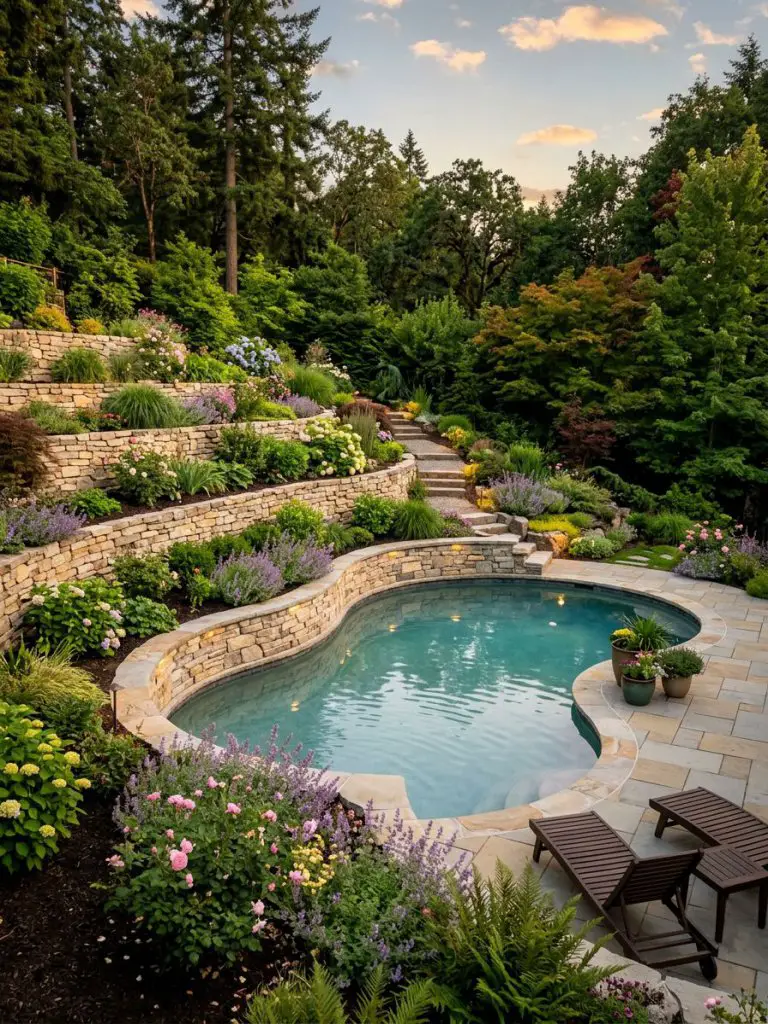 A lush terraced garden pool set into a sloped yard with layered natural stone retaining walls and abundant planting.