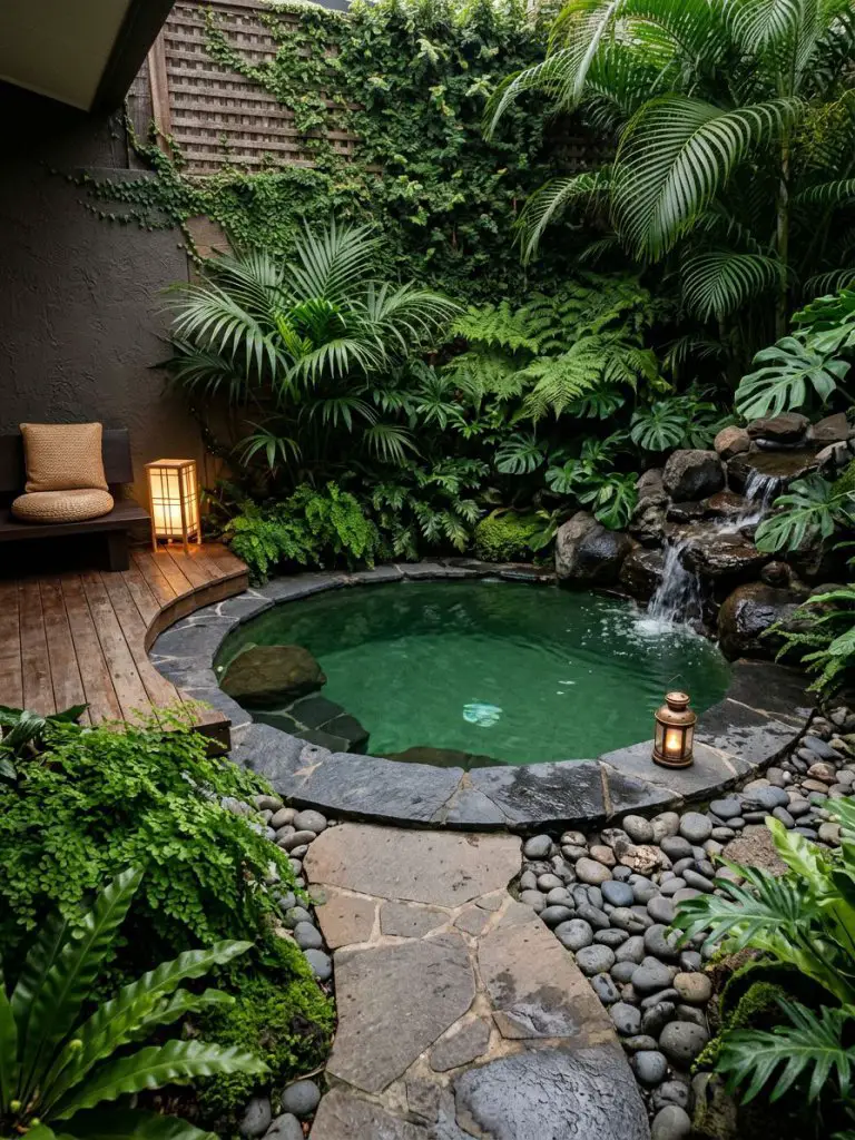 A lush tropical courtyard rock pool designed in a Japandi-meets-modern-rustic style with dense greenery and soft stone textures.