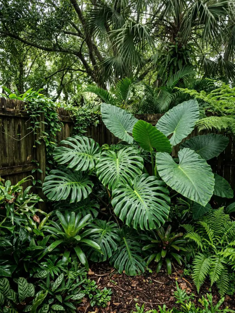 A dense tropical-inspired corner garden filled with oversized leafy plants such as monstera and elephant ear, combined with layered ferns an.