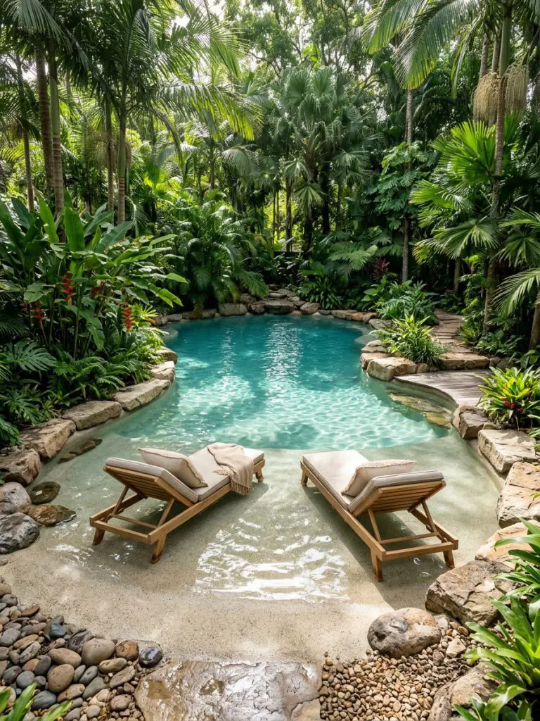 A lush tropical lagoon-style beach pool backyard designed with a natural resort aesthetic, surrounded by dense palm trees, layered greenery.