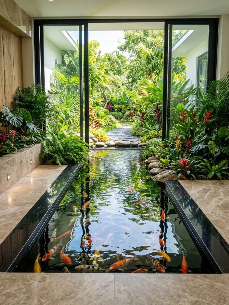 A luxurious indoor fish pond framed by floor-to-ceiling glass doors opening to a lush garden, designed in a modern tropical style.