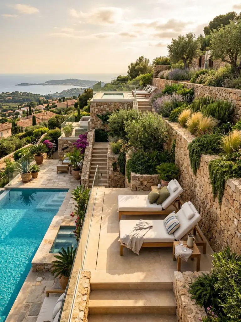 A luxury hillside pool lounge featuring multiple retaining wall tiers and a sunbathing deck.