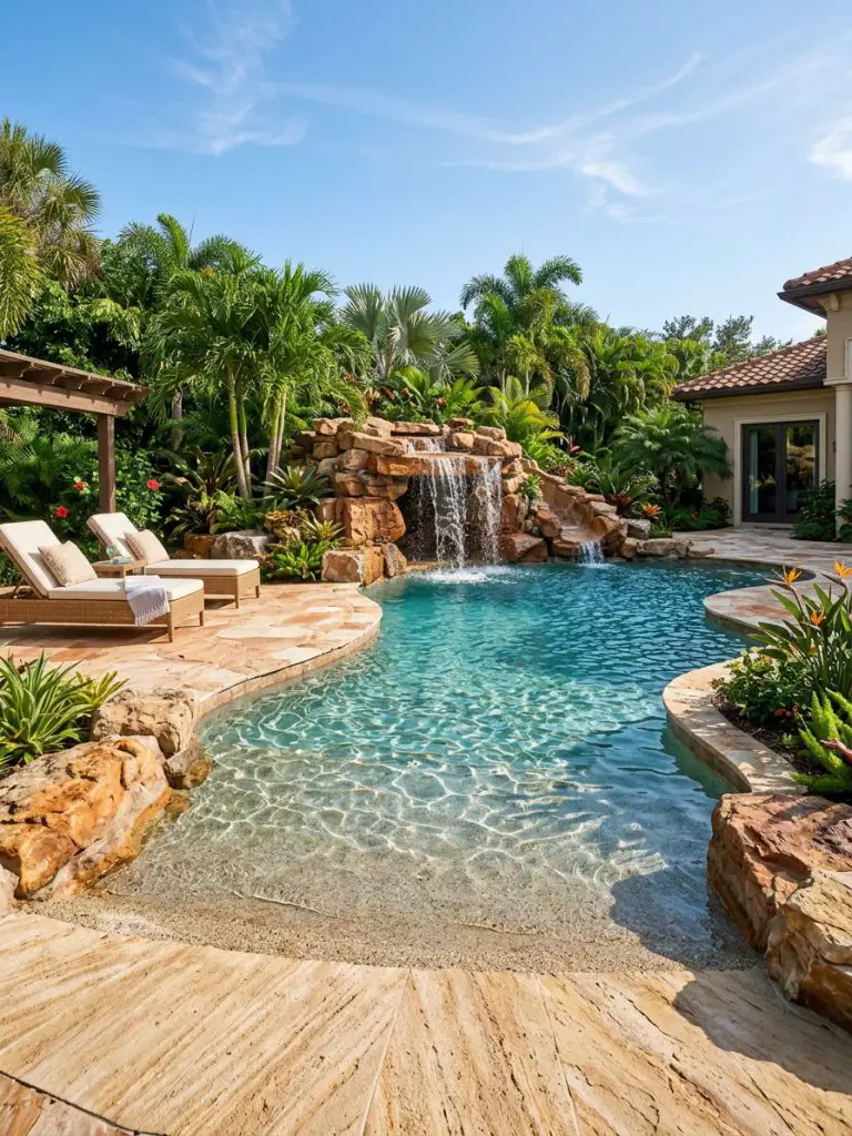 A luxury beach pool backyard retreat featuring a dramatic rock waterfall and sculpted lagoon pool, designed in a high-end tropical resort st.