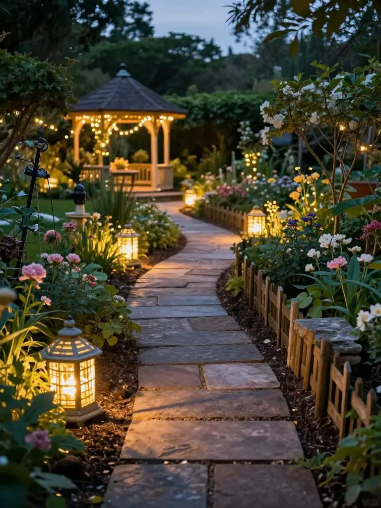 A magical small secret garden path scene in twilight cottage garden style, featuring a winding stone pathway lined with glowing fairy lights.