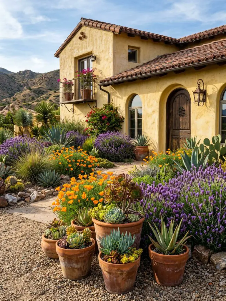 A Spanish-style home with yellow-washed walls serving as the backdrop for a desert-inspired garden.