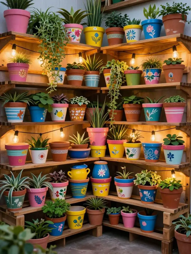 A maximalist vertical garden corner filled with hand-painted pots arranged on wooden shelving and lit by warm string lights.