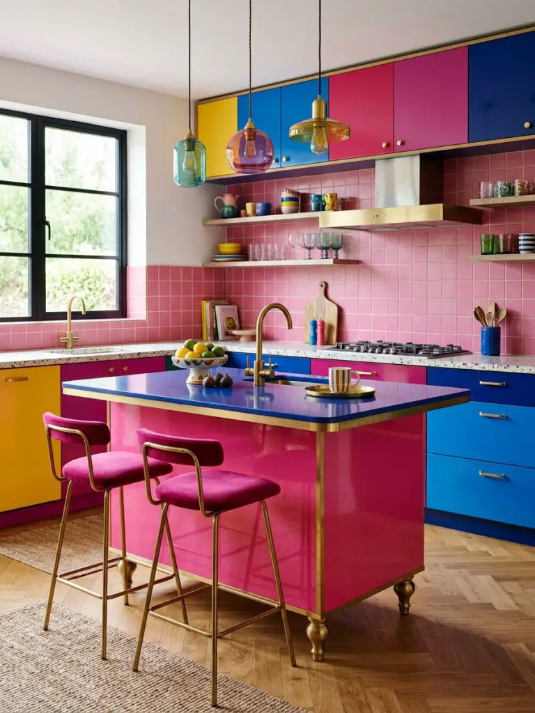 A bold maximalist kitchen scene featuring a colorful kitchen island in an eclectic modern style.