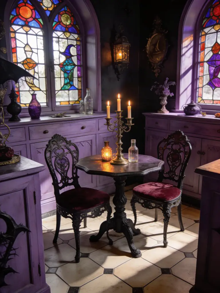 A bold maximalist witch kitchen with lavender cabinets, stained glass windows, and candlelit dining setup.