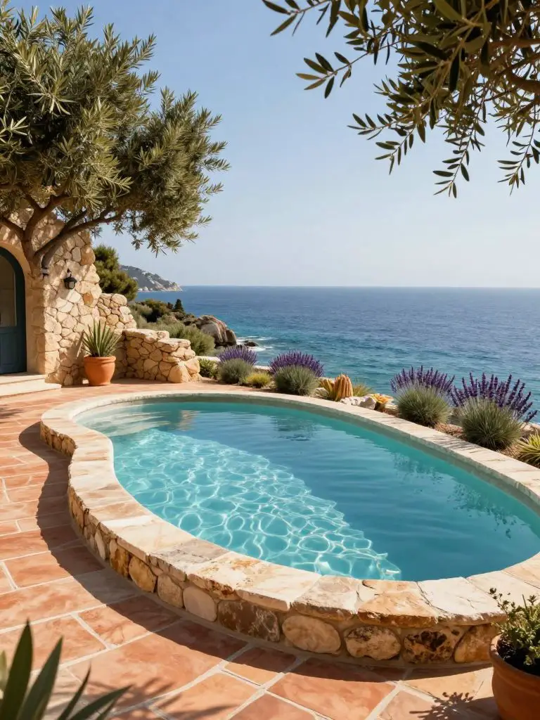 A Mediterranean coastal natural swimming pool backyard overlooking the sea, designed in a sun-drenched rustic coastal style.